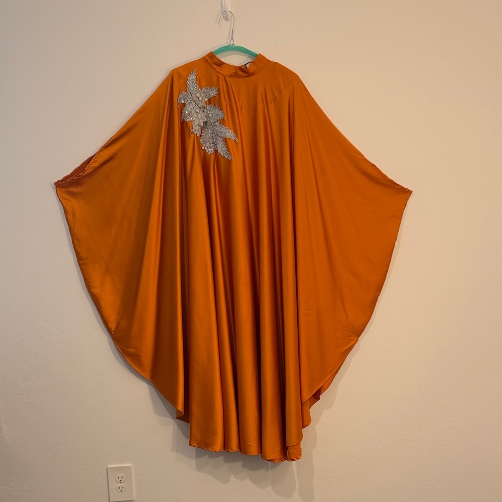 Kaftan style orange occasion dress with Silver floral Embellishment one size